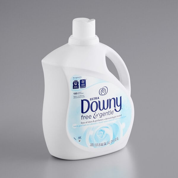 A white bottle of Downy Ultra Free & Gentle Liquid Fabric Conditioner with a blue label.