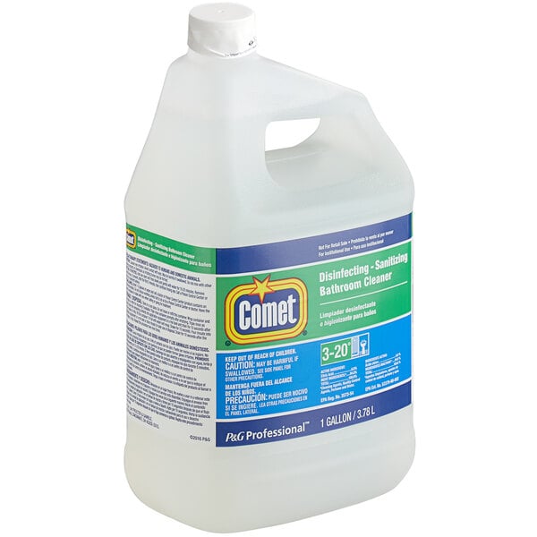 A white plastic container of Comet Disinfecting Bathroom Cleaner Refill with a blue and green label.