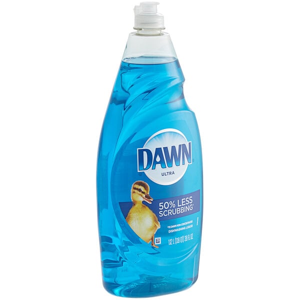 A blue bottle of Dawn Ultra Original dish soap with a blue label.