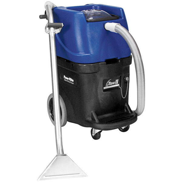 A blue and black Powr-Flite Gulper II flood pump vacuum with a handle.