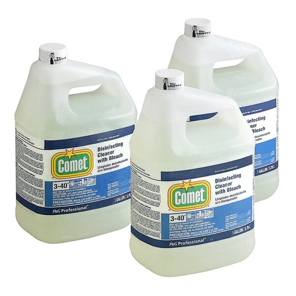 Three cases of Comet disinfecting cleaner with bleach ready-to-use refills on a counter.