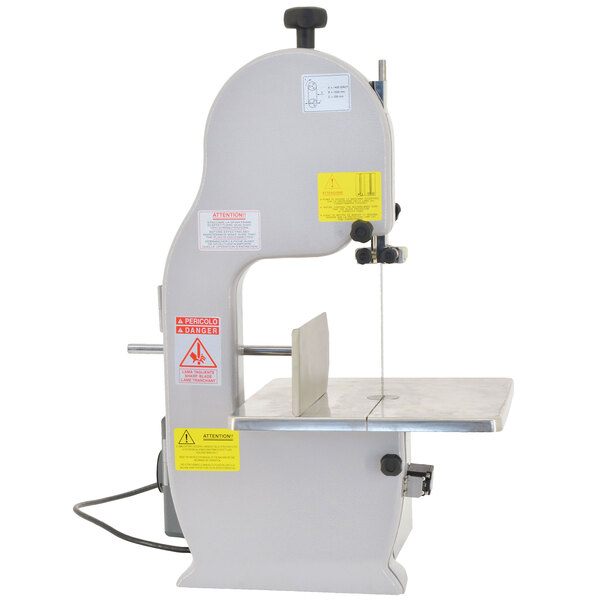 A white Omcan tabletop vertical band saw with a black handle.