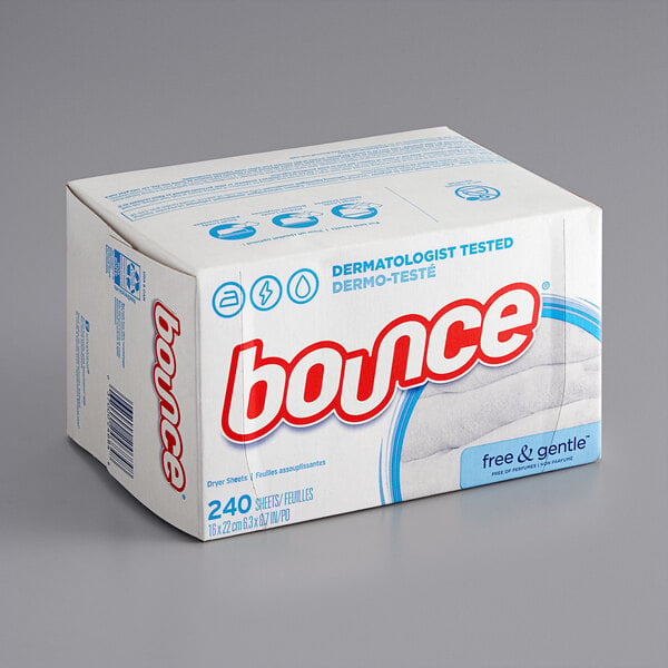 A box of Bounce Free & Gentle fabric softener dryer sheets.