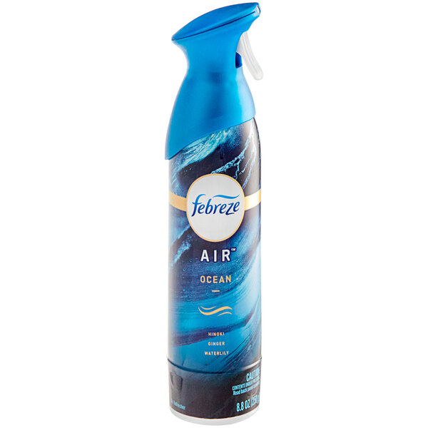 A blue and white Febreze Air spray can with a blue cap.