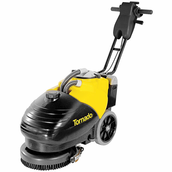 A Tornado walk behind floor scrubber with a black and yellow handle.
