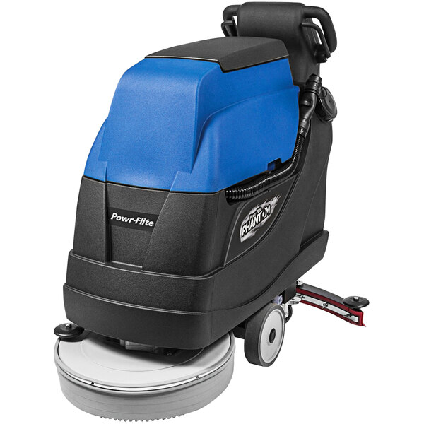 A blue and black Powr-Flite cordless walk behind floor scrubber with wheels.
