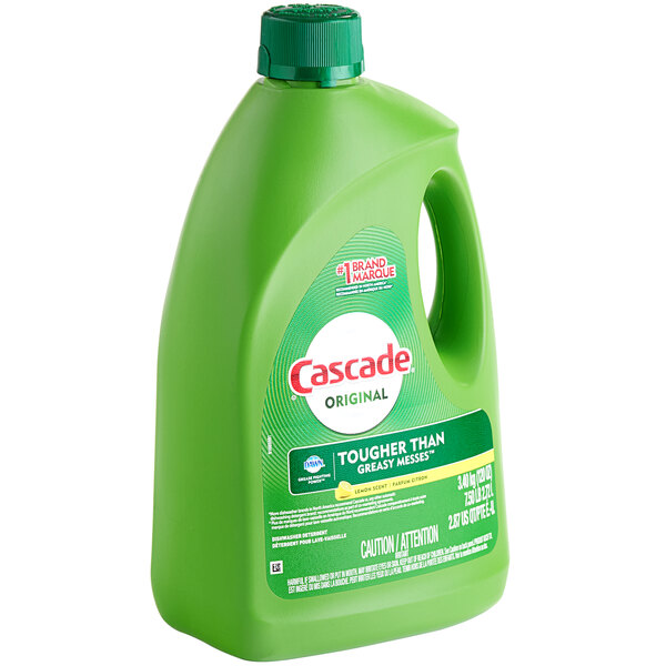 A green container of Cascade Original Lemon Scent dishwasher detergent gel.