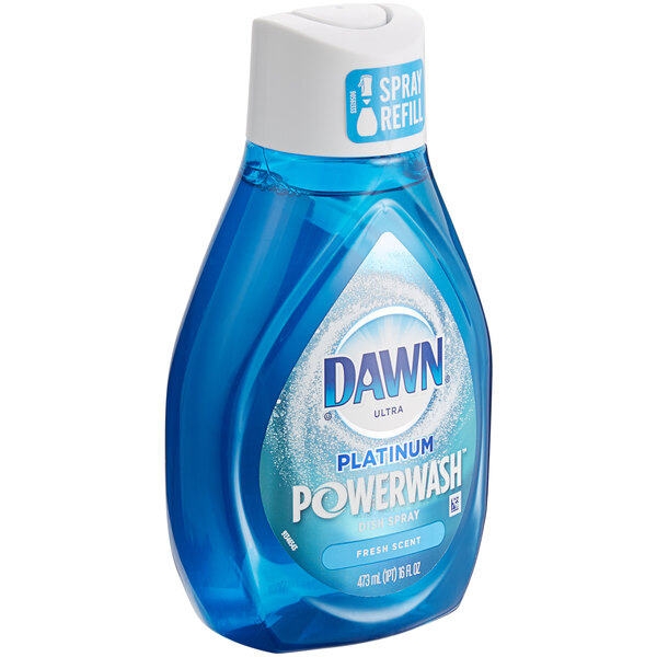 A blue and white bottle of Dawn Platinum Powerwash Dish Spray.