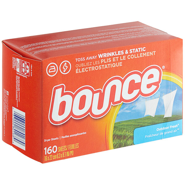 A box of 160 Bounce outdoor fresh fabric softener dryer sheets.