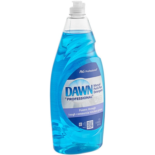 A blue bottle of Dawn Professional dishwashing liquid on a counter.