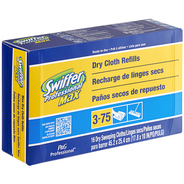 A blue and yellow Swiffer box with white text containing 16 Swiffer dry cloths.