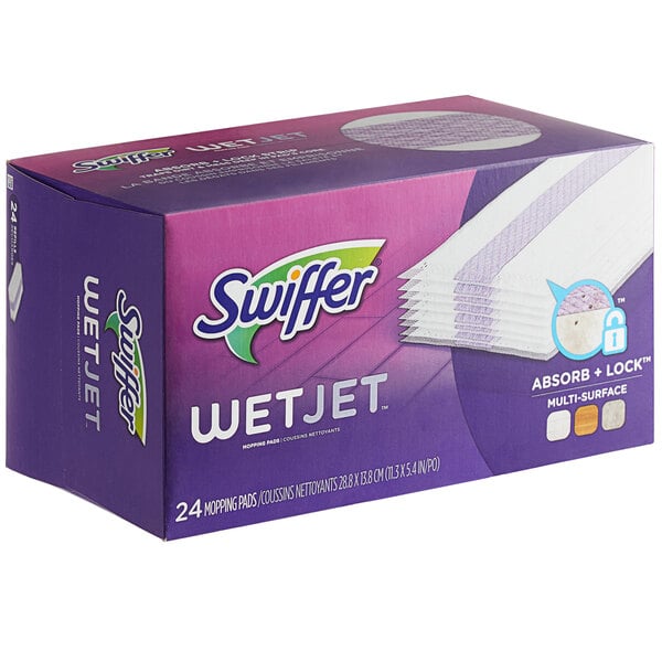 A purple box of 24 Swiffer WetJet disposable absorbent mop pads.