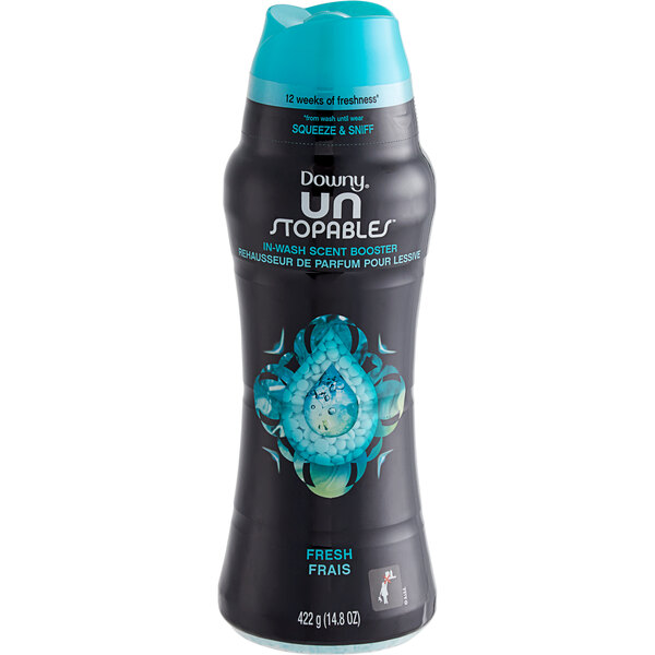 A black bottle of Downy Unstopables In-Wash Scent Booster beads with a blue label.