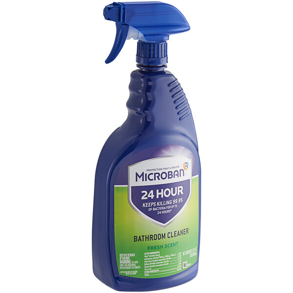 A blue Microban spray bottle with a green and yellow label.
