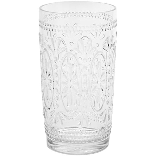 An American Metalcraft Tritan plastic highball glass with a design on it.