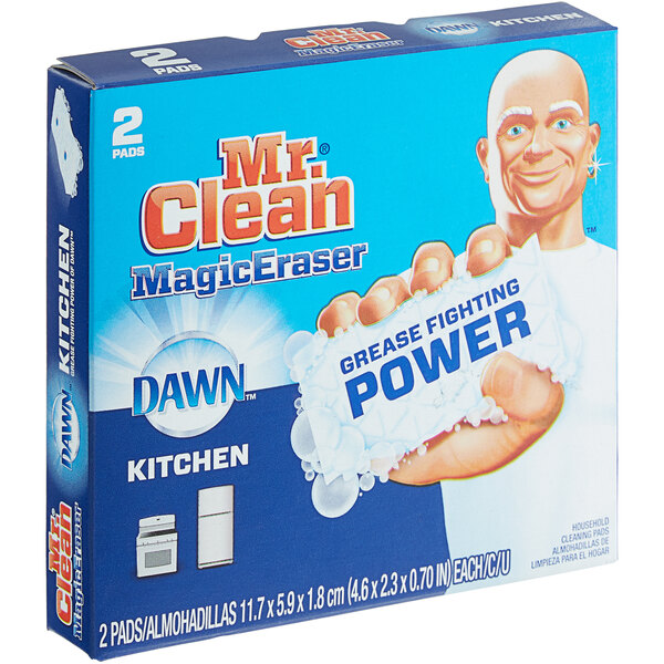 A box of 2 Mr. Clean Magic Eraser Kitchen cleaning sponges with Dawn.
