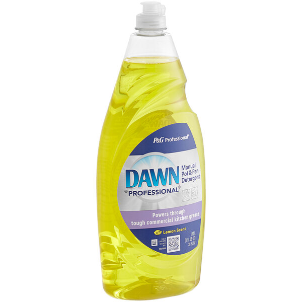 A bottle of Dawn Professional Lemon Scented Pot and Pan Detergent on a kitchen counter.