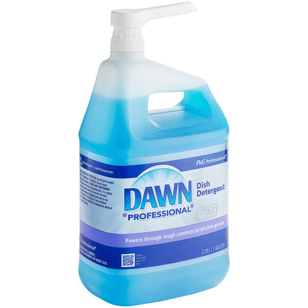 A Dawn Professional 1 gallon bottle of dish detergent with a pump on a counter.