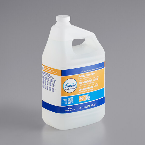 A white jug of Febreze Professional fabric refresher with a blue and orange label.