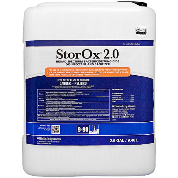 A white StorOx 2.0 container with a blue label.