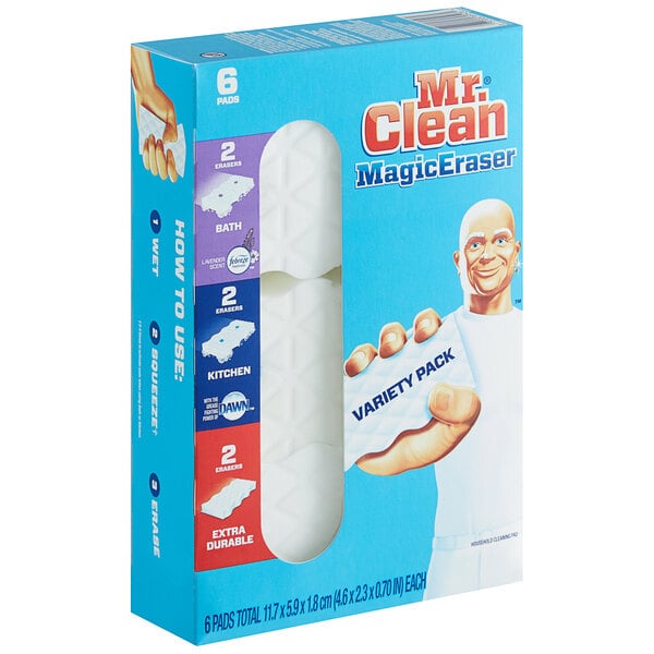 A box of Mr. Clean Magic Eraser scrubbers with white, blue, and yellow accents.