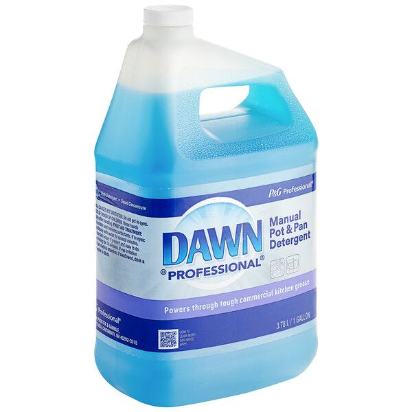 A plastic jug of blue Dawn Professional manual pot and pan detergent.