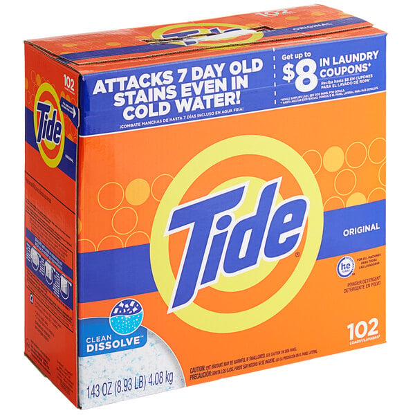 A white box of 12 packs of Tide Original Powder Laundry Detergent.