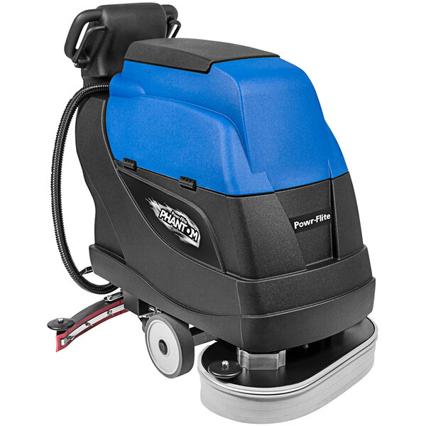 A blue and black Powr-Flite Phantom cordless walk behind disc floor scrubber with wheels.