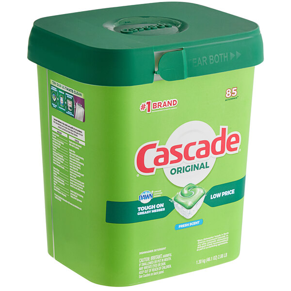 A green container of 85 Cascade Original ActionPacs with a lid.
