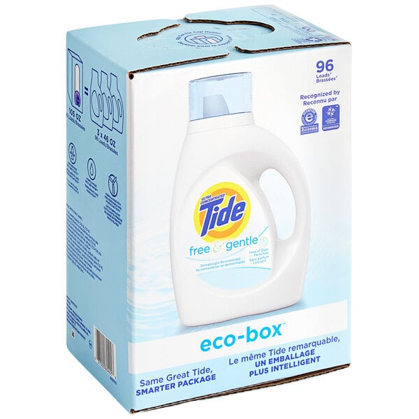 A white Tide Eco-Box container with a blue label.
