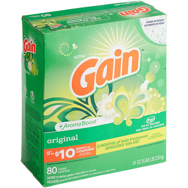 A box of Gain Original Powder Laundry Detergent on a grocery store shelf.