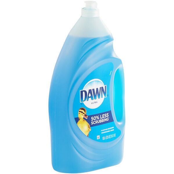 A blue bottle of Dawn Ultra Original dish soap with a label.