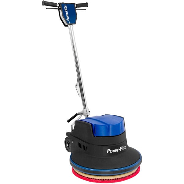 A blue and black Powr-Flite Millennium floor scrubber machine with a handle.