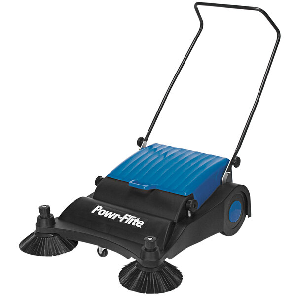 A blue and black Powr-Flite PS320 manual push sweeper.