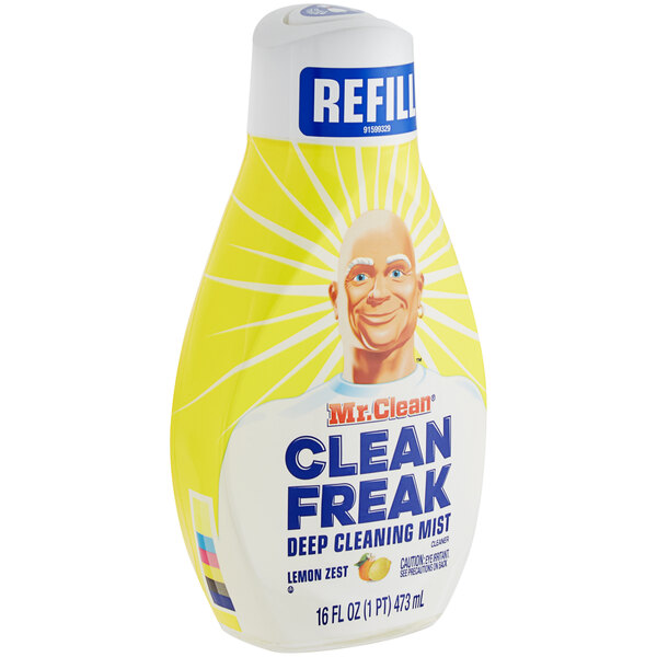 A yellow and white refill bottle of Mr. Clean Clean Freak Deep Cleaning Mist with Lemon Zest scent.