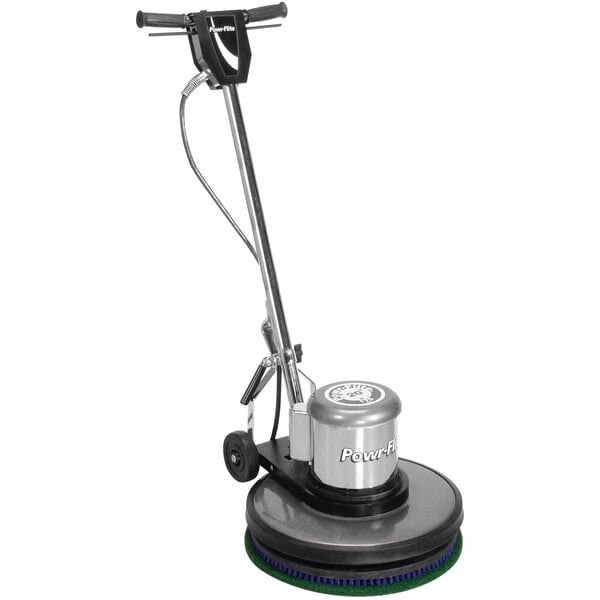 A Powr-Flite Classic dual speed rotary floor machine with a green handle and black wheels.