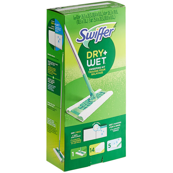 A box of a Swiffer Sweeper Wet/Dry Mop Kit with cleaning pads.