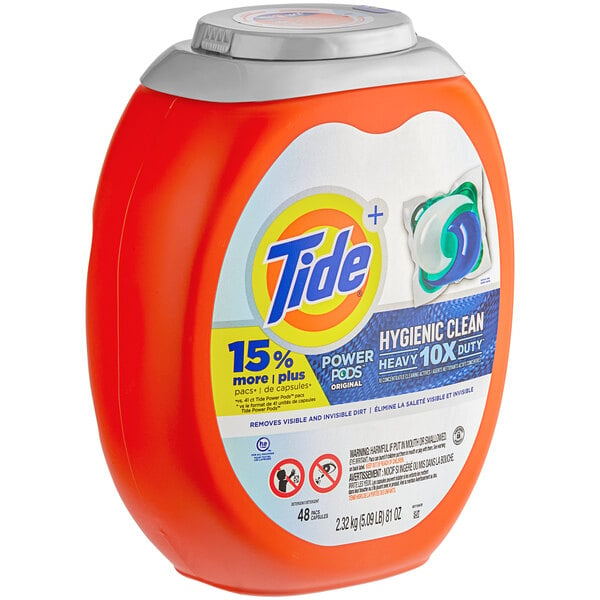 A red and white container of Tide Hygienic Clean Heavy-Duty Power PODS laundry detergent.