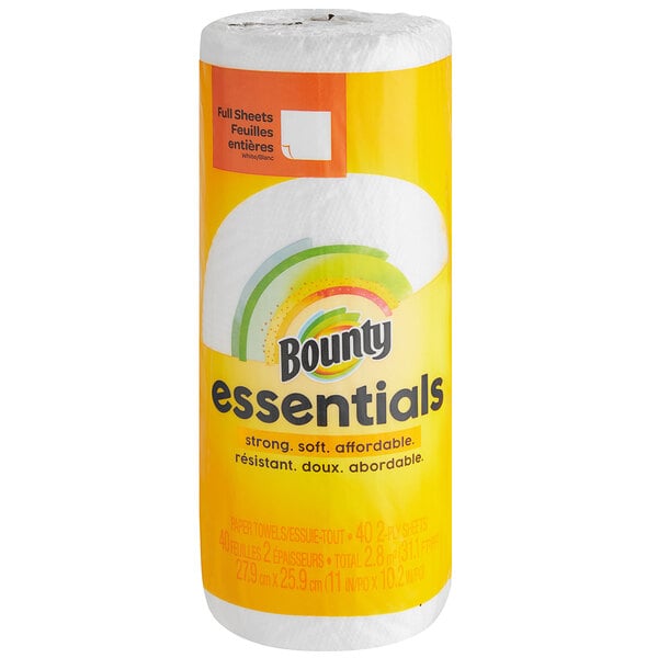 A case of 30 yellow Bounty Essentials paper towel rolls.