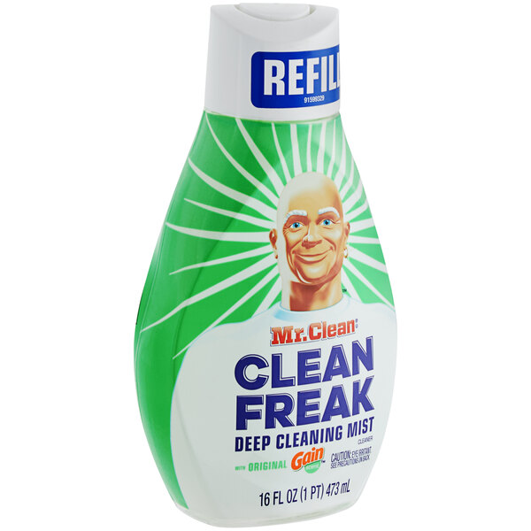 A green and white refill bottle of Mr. Clean Clean Freak Deep Cleaning Mist with Gain Original Scent.