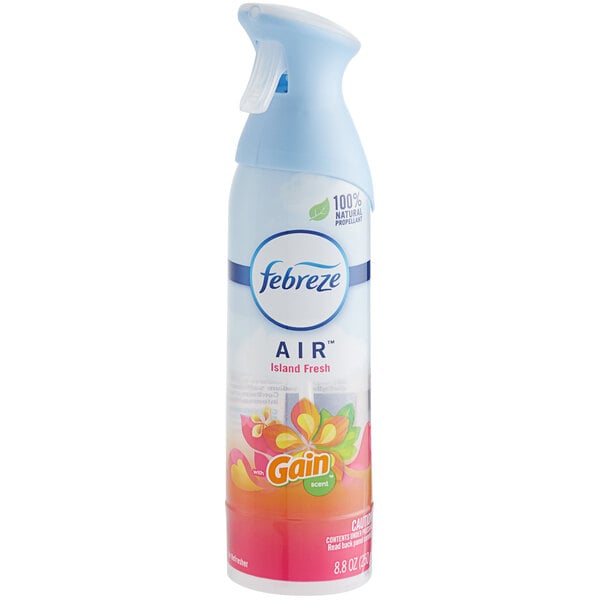 A bottle of Febreze Air with a blue and pink label.