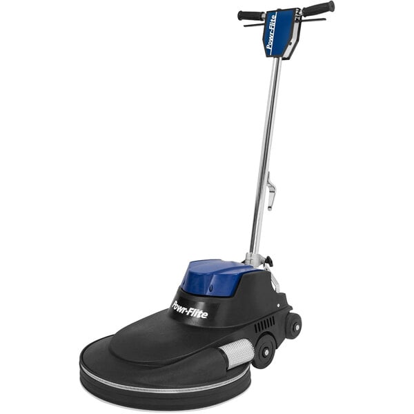 A Powr-Flite floor burnishing machine with a black and blue handle and wheels on it.
