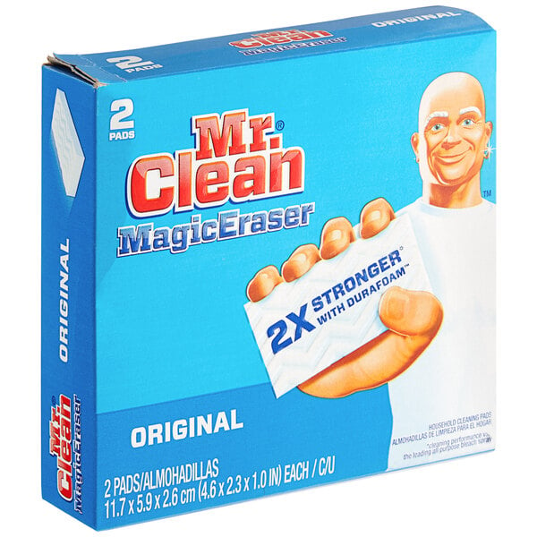 A blue and white Mr. Clean box with 2 white Mr. Clean Magic Eraser pads inside.
