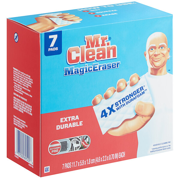 A box of 7 Mr. Clean Extra Durable Magic Eraser pads.