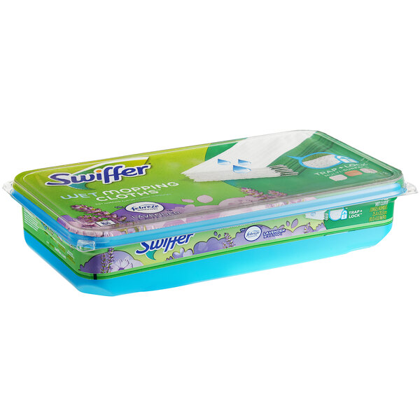 A plastic container of Swiffer Sweeper Wet Mopping Pads with blue and green packaging.