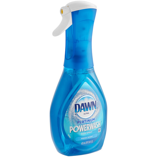A blue spray bottle of Dawn Platinum Powerwash Dish Spray with a white cap.