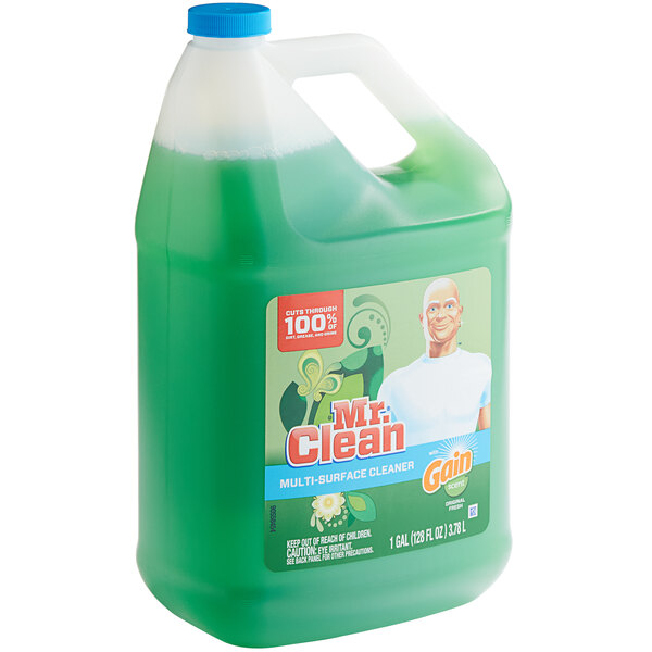 A Mr. Clean jug of green liquid with a label.