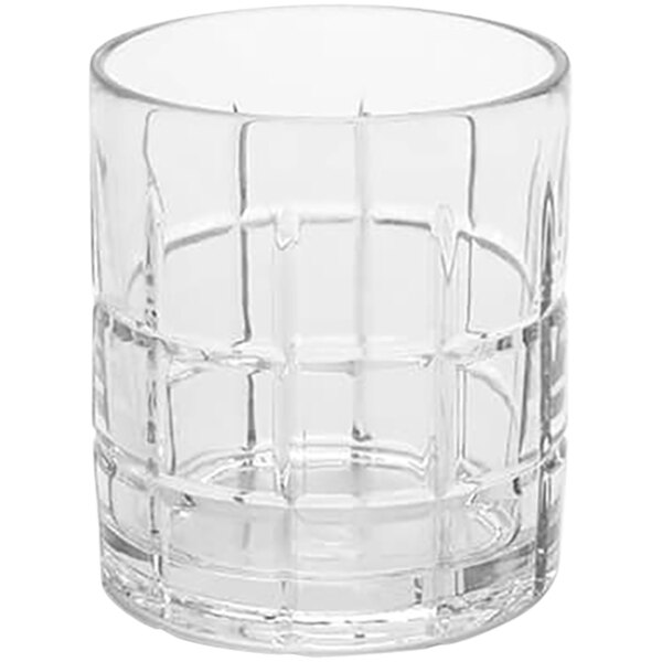 A close up of a clear American Metalcraft plastic tumbler with a checkered design.