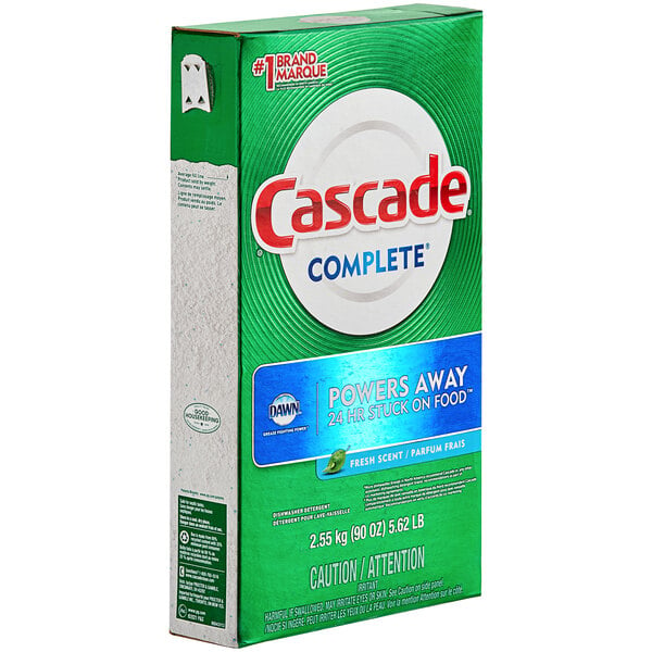 A box of Cascade Complete dishwasher detergent on a white background.
