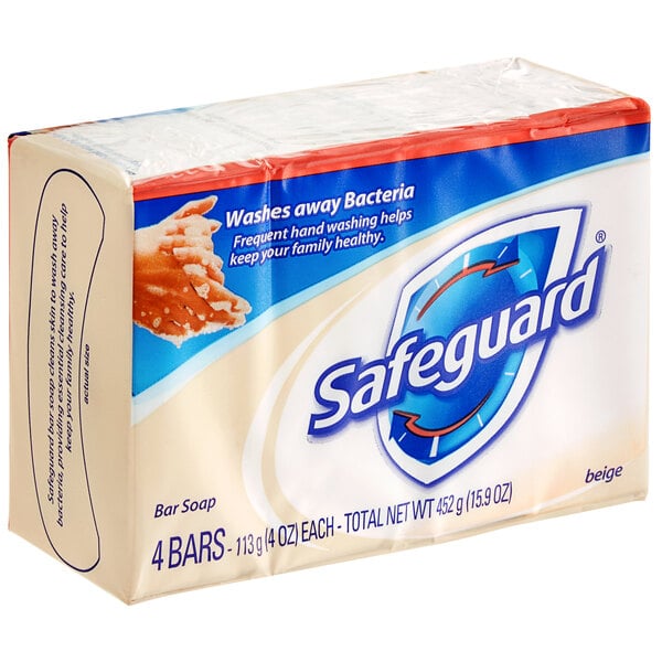 A package of 4 Safeguard beige bar soaps.